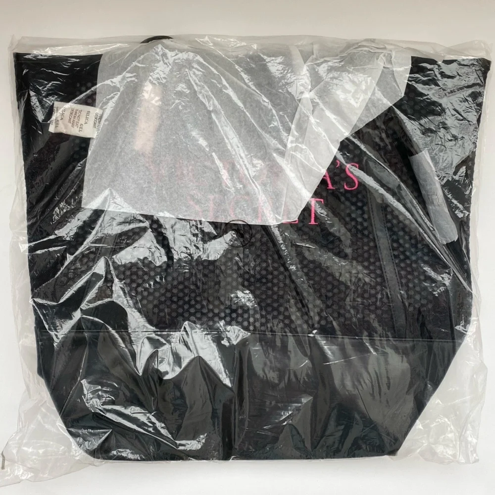 NEW Victoria's Secret Black Perforated Mesh Tote Bag With Pink Embroidery
